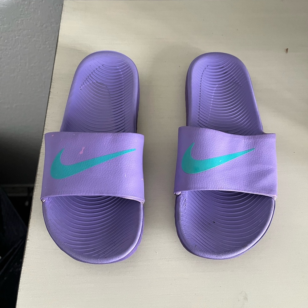Purple Slide Sandals with Teal Logo